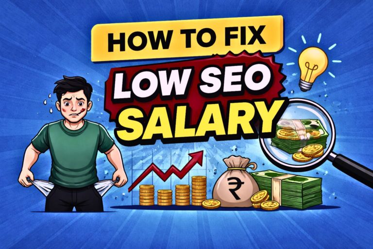 Representation image showing a cartoon man with empty pocket with text how to Fix low seo salary