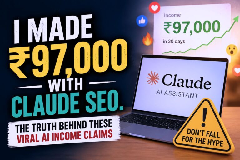Featured image showing a laptop with Claude AI, a ₹97,000 income claim, and a warning about viral AI money-making scams.