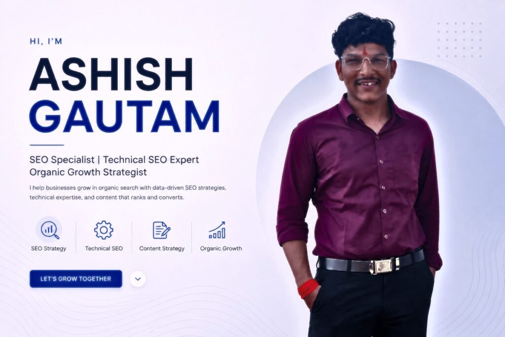 Ashish Gautam in brown shirt and black pant with goggle along with text showing his skills